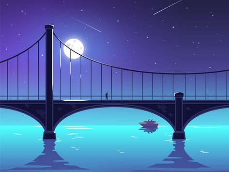 Late night bridge Soundcloud Aesthetic, Night Bridge, National Days, 카드 디자인, Character Sketches, Landscape Illustration, Minimalist Wallpaper, Flat Style, I Wallpaper