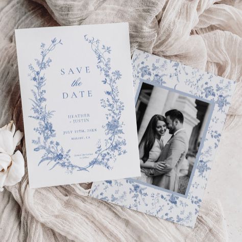 Victorian Blue Floral Dusty Blue Wedding Save The Date #zazzle #weddinginvitations #birthdayinvitations #babyshowerinvitations #zazzleinvitations #monogram #businesscards #graduation #homedecor Save The Date Traditional, Formal Save The Date, Traditional Save The Date, Blue Wedding Save The Date, Classic Save The Date, Blue Save The Date, Baby Blue Weddings, Blue White Weddings, Dusty Blue Wedding