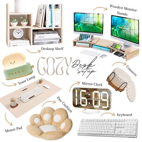 Lovely neutral colors for desk items. Shelf, Lamp, Mouse Pad, Cushion, Monitor stands, Coasters, Mirror Clock, and keyboard. All matching a neutral color palette. Cozy Desk Setup Home Office, Desk Items Office, Cozy Setup Gaming, Cute Work Desk Setup, Cozy Aesthetic Desk Setup, Working Table Aesthetic, Home Office Setup Standing Desk, Office Items Desk Accessories, Work From Home Desk Setup Aesthetic