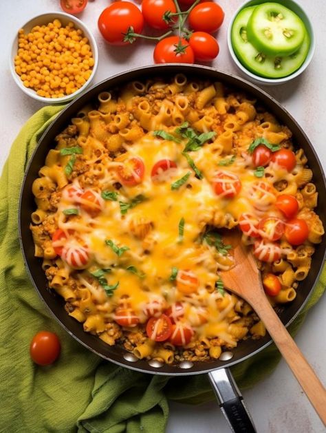 Cheesy Taco Pasta Skillet Taco Pasta Skillet, Ground Beef Macaroni, Cheesy Taco Pasta, Beef Macaroni, Pasta Skillet, Skillet Pasta, Taco Pasta, Rotel Tomatoes, Colorful Vegetables