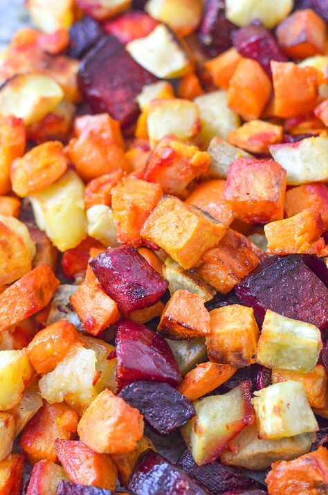 Oven Roasted Sweets and Beets | Healthy Ideas for Kids Cooked Vegetable Recipes, Spiral Vegetable Recipes, Vegetable Korma Recipe, Fresh Vegetable Recipes, Root Vegetables Recipes, Vegetable Samosa, Oven Roasted Sweet Potatoes, Yummy Vegetable Recipes, Vegetable Casserole Recipes