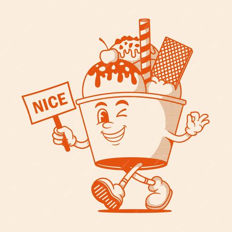 Premium Vector | Vector gelato character ice ceam retro cartoon mascot character Retro Food Character, Ice Cream Graphic Design Illustrations, Ice Cream Cartoon Drawing, Retro Ice Cream Logo, Ice Cream Art Illustrations, Ice Cream Mascot, Logo Ice Cream, Cartoon Ice Cream Cone, Ice Cream Character