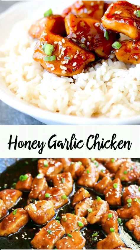 This Honey Garlic Chicken recipe is so easy to prepare and will be a family favorite! Made with chicken breasts and a four ingredient honey garlic sauce. Add cut up broccoli, cauliflower, peppers, carrots or peas for honey garlic chicken stir fry. #chickenrecipes #chickendinner #easyrecipes #takeout #dinnerrecipes Honey Garlic Chicken Stir Fry, Garlic Chicken Stir Fry, Garlic Chicken Recipe, Resep Seafood, Dada Ayam, Cibo Asiatico, Honey Garlic Sauce, Garlic Chicken Recipes, Broccoli Cauliflower