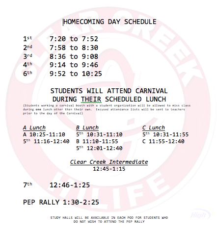 Creek HiLife : Homecoming Day bell schedule Hoco Get Ready Schedule, Prom Day Schedule, Pep Rally Schedule, Homecoming Days Spirit Weeks, Chalene Extreme Schedule, Day Schedule, Homecoming, Carnival, Quick Saves