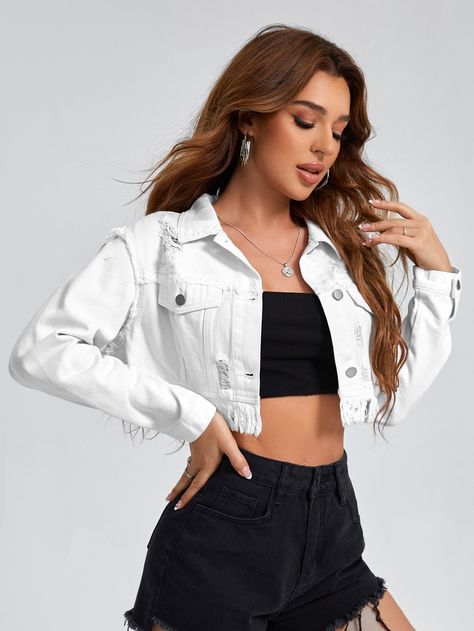 White Cropped Jacket Outfit, Cropped Denim Jacket Outfit, Cropped Jacket Outfit, White Cropped Jacket, Crop Denim Jacket, Jaket Denim, Diy Denim Jacket, Crop Top Jacket, Jean Jacket Outfits