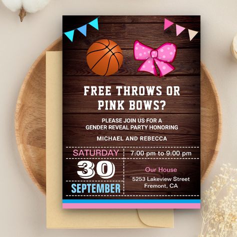 Free Throws or Pink Bows Gender Reveal Party Invitation Free Throws Or Pink Bows, Cute Gender Reveal, Bows Gender Reveal, Digital Invitations Design, Cute Gender, Bow Gender Reveal, Gender Reveal Party Invitations, Gender Reveal Invitations, Pink Bows