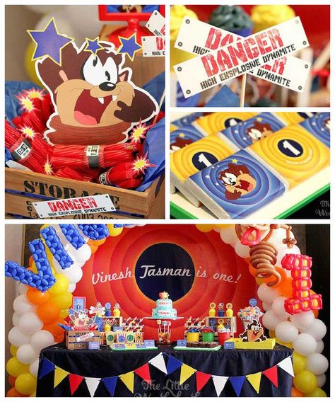 Looney Tunes Tazmanian Devil themed birthday party via Kara's Party Ideas KarasPartyIdeas.com #looneytunestazmaniandevilparty (1) Taz Birthday Party, Looney Tunes Food Ideas, Looney Tunes Bday Party, Looney Tunes Party Ideas, Looney Tunes Birthday Party Ideas, Looney Tunes Birthday, Devil Party, Looney Tunes Party, Balloon Archway