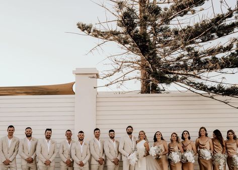 Beige Suits And Champagne Dresses, Taupe Bridesmaid Dresses And Tan Groomsmen, Tan Suit Champagne Dress, Black Bridesmaid Dresses Beige Groomsmen, Champagne Bridesmaid Dresses And Groomsmen, Champagne Bridal Party Attire, Mix Match Neutral Bridesmaid Dresses, Beige Groomsmen Suits Bridesmaid Dresses, Champagne And Khaki Wedding