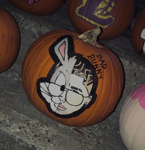 Bad Bunny Pumpkin Painting, Bunny Pumpkin Painting, Bad Bunny Pumpkin, Bunny Pumpkin, Bunny Painting, Bunny Wallpaper, Pumpkin Painting, Bad Bunny, Painted Pumpkins