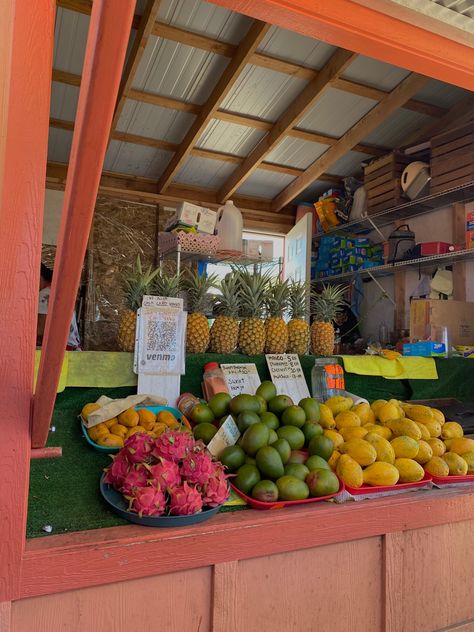 Tropical Fruit Stand, Fruit Stand Aesthetic Beach, Hawaii Fruit Stand, Hawaii Fruit, Hawaii Life Aesthetic Food, Kauai Farmers Market, Pretty Fruit, Hawaiian Life, Smoothie Shop