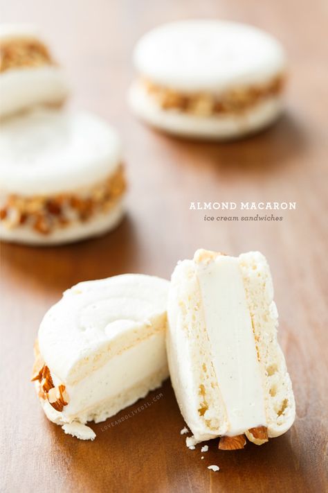 Almond Macaron Ice Cream Sandwiches with vanilla bean almond ice cream and crunchy chopped almonds. Cookies For Ice Cream Sandwiches, Macaron Ice Cream, Macaron Ice Cream Sandwich, Almond Ice Cream, The Best Cookies, Raspberry Vinaigrette, Vinaigrette Salad, Best Cookies, Ice Cream Sandwiches