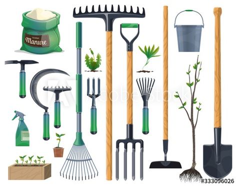 Stock Image: Garden tools and gardening equipment with plants, agriculture and farming. Vector shovel, rake and spade, flower pot, trowel, pitchfork and bucket, water sprayer, tree and seedling box, weeds and hoe Agriculture Equipment Tools, Farming Tools, Bus Skin Design, Agricultural Tools, Gardening Equipment, Winter Gardening, Water Sprayer, Scrapbook Book, Garden Tool Set