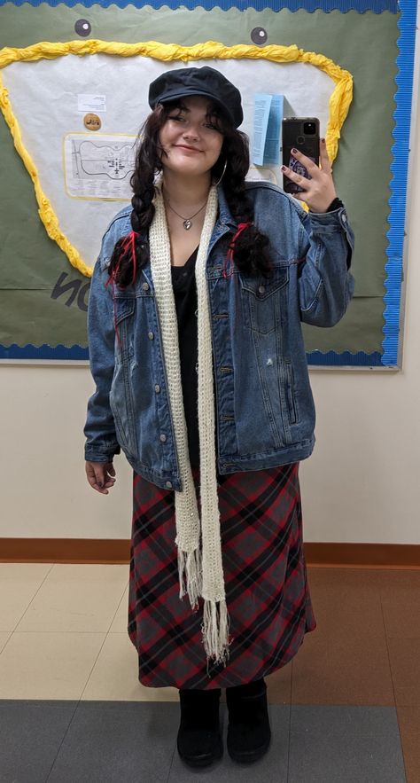 Outfit With Plaid Skirt, Plaid Skirt Winter Outfit, Birthday Outfit School, Plaid Maxi Skirt Outfit, Plaid Midi Skirt Outfit, 90s Winter Outfits, 90s Fall Outfits, Long Plaid Skirt Outfit, Outfits With Plaid Skirts