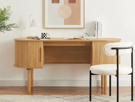 Small Desk Ideas, Curved Desk, Scandinavian Desk, Colorful Desk, Hudson Homes, Framed Cabinet, Interior Color Schemes, Desk In Living Room, Wooden Panel