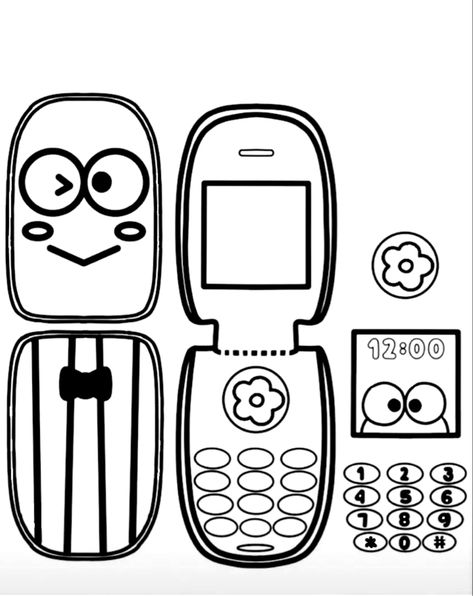 Sanrio Flip Phone Papercraft, Mini Iphone Printables, Kuromi Flip Phone Template, Flip Phone Template Paper Sanrio, Paper Flip Phone, Cardboard Flip Phone Template, Tamagotchi Template, Sanrio Drawing, Frog Template