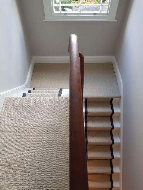 Sisal Herringbone Carpet Installation on Stairs in Southwark Victorian Hallway Carpet, Landing Carpet Runner, Sisal Stair Runner With Rods, Sisal Carpet Living Room, Sisal Hallway, Hallway Carpet Ideas, Sisal Herringbone Carpet, Landing Carpet, Lounge Carpet