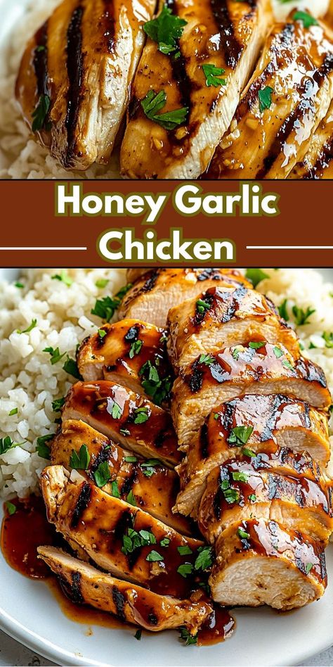 Crispy honey garlic chicken breasts plated with rice and garnished with sesame seeds. Honey Glazed Chicken Breast, Honey Garlic Glaze, Best Chicken Dinner, Glazed Chicken Breast, Tasty Dinner Ideas, Crispy Chicken Breast, Fried Rice Dishes, Chinese Fried Rice, Garlic Chicken Recipe