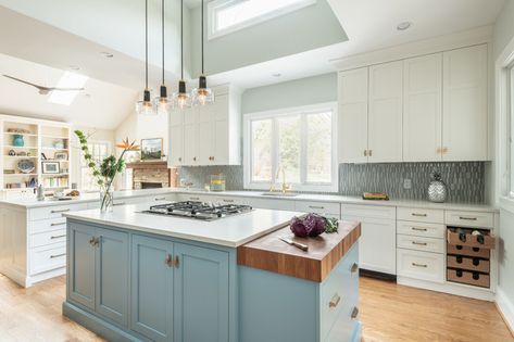 7 Smart Ideas for the End of a Kitchen Island End Of Kitchen Island, Kitchen Island Ends, White Beveled Subway Tile, Blue Backsplash Kitchen, Narrow Kitchen Island, Light Blue Kitchens, Beveled Subway Tile, Blue Backsplash, Eclectic Kitchen