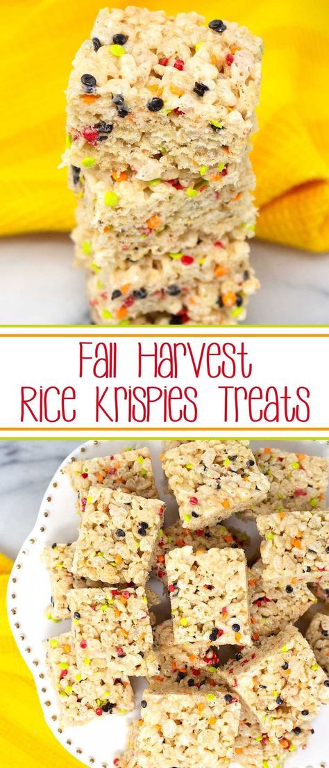 Fall Harvest Rice Krispies Treats - your favorite easy-peasy Rice Krispies cereal treats with fall sprinkle pizazz. #fallharvest #ricekrispiestreats #falldesserts #sprinkledesserts #ricekrispiescereal via @SarahsBakeStudio Rice Krispies Cereal, Treat Bar, Rice Krispies Treats, Cereal Treats, Krispies Treats, S'mores, Fall Dessert, Rice Krispie Treats, Thanksgiving Desserts