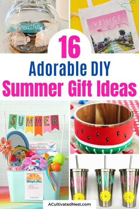 16 Adorable DIY Summer Gift Ideas- Check out cute and creative DIY summer gift ideas that will bring joy to your loved ones. Easy, fun, and perfect for summer! | #SummerDIY #GiftGiving #CraftIdeas #DIYGifts #ACultivatedNest Summer Marketing Ideas Gifts, Homemade Hostess Gifts, Summer Christmas Gifts, Summer Gift Baskets, Diy Gifts In A Jar, Summer Gift Ideas, Diy Gifts Cheap, Picnic Gifts, Dollar Tree Gifts