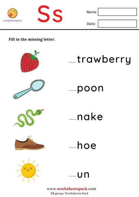 Free printable missing letter #worksheets for young learners. Words begin with the letter S. Missing Letter Worksheets Kindergarten, S Letter Worksheet, Letter S Worksheets Kindergarten, Alphabet Worksheets Preschool Activities, Letter S Worksheets For Preschool, Letter S Worksheet, Missing Letters Worksheet, Z Worksheet, Jolly Phonics Printable