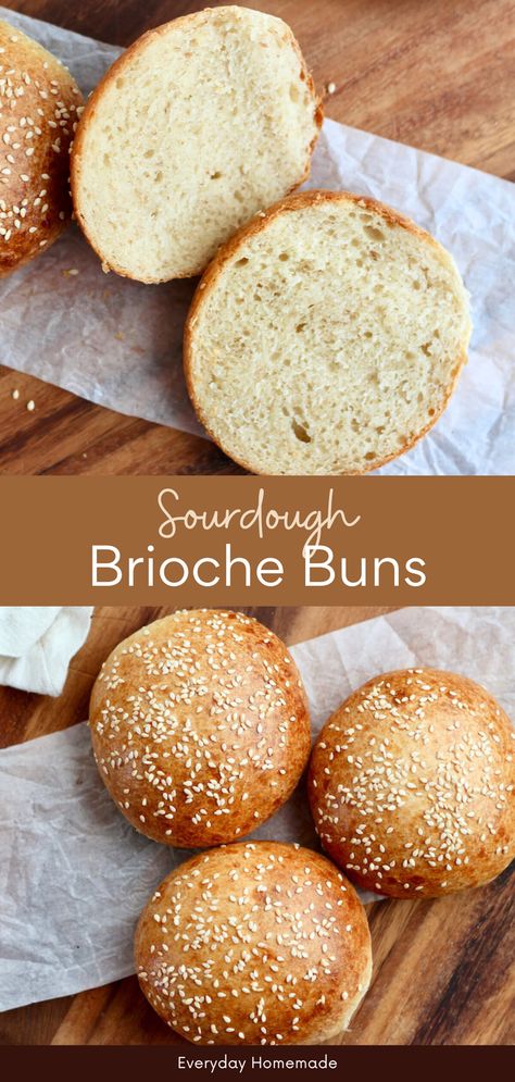 These fluffy and soft Sourdough Brioche Buns are perfect for burgers or sandwiches! This easy recipe uses either active sourdough starter or sourdough discard, and you can make them the same day or let them rise overnight. Make the best homemade hamburgers with this easy sourdough bun recipe! Soft Sourdough Hamburger Buns, Sour Dough Discard Hamburger Buns, Sourdough Buns Recipes, Sourdough Discard Buns Burgers, Sourdough Discard Brioche, Sourdough Burger Buns Recipe, Sourdough Discard Burger Buns, Sourdough Hamburger Bun Recipe, Sourdough Brioche Buns