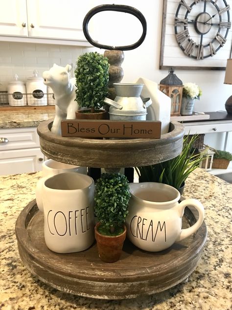 Farmhouse style Kitchen --- 2 Tiered Wooden Tray 2 Tier Tray Decor, Collage Dorm Room, Collage Dorm, Kitchen Tray Decor, Pinterest Collage, Tray Decor Ideas, Spring Kitchen Decor, Tray Decor Christmas, Kitchen Tray