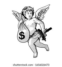 Ski Mask Angel Tattoo, Angel With Money Bag Tattoo, Ski Mask Tattoo, Money Bag Tattoo, Bag Tattoo, Unique Half Sleeve Tattoos, Tattoo Angel, Gangsta Tattoos, Omerta Tattoo