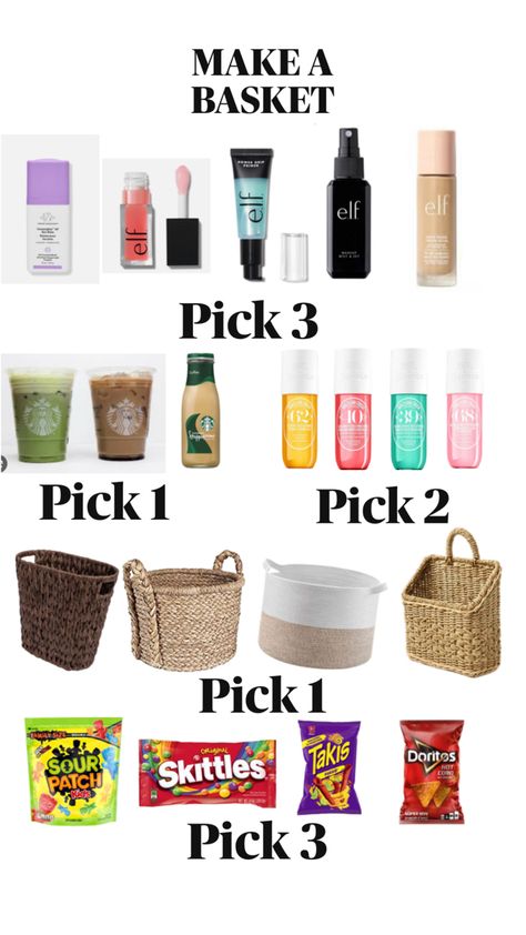 Pick each category to make a BASKET! Cheap Burr Basket Ideas For Friends, Pick A Basket, Bff Burr Basket, Bestie Burr Basket, Best Friend Birthday Basket, Burr Basket For Friends Cheap, Make A Basket For Your Bestie, Sour Skittles, Making A Gift Basket