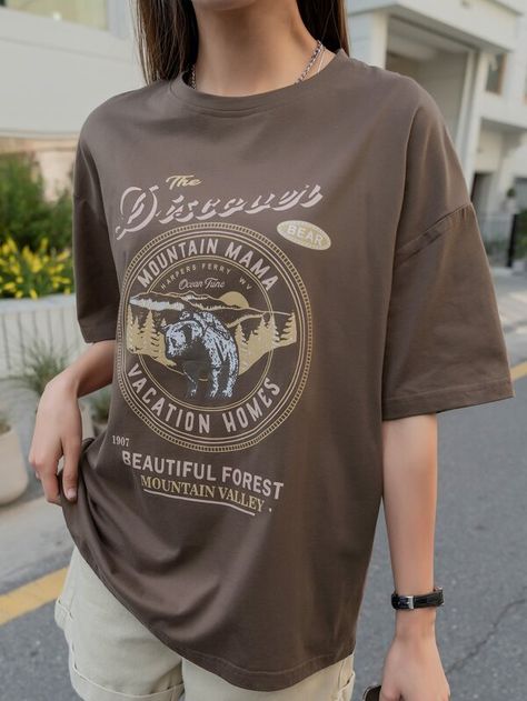 size 2 (M) Brown Tshirt Outfit, Grafic Tees, Drop Shoulder Tee, Brown Tshirt, Coffee Brown, Tshirt Outfits, Women T Shirts, T Shirt Oversized, Women Tops