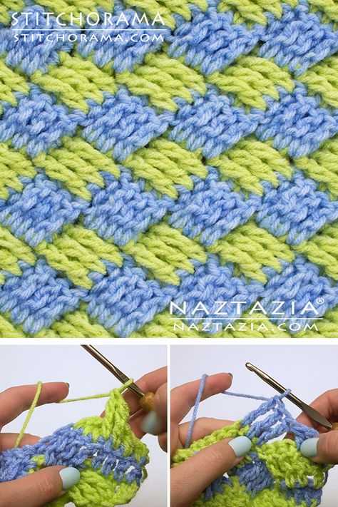 How to Crochet the Diagonal Basket Weave Stitch - Naztazia ® Diagonal Weave Crochet Pattern Free, Basket Weave Crochet Pattern, Basket Weave Stitch, Basket Weave Crochet, Basketweave Stitch, Crochet Shell Stitch, Crochet Stitches Free, Crochet Knit Stitches, Diy Weaving