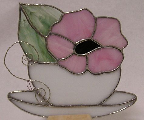 Stained Glass Tea Cup, Pink Primrose, Primrose Flower, White Tea Cup, Wire Projects, Stained Glass Gifts, Lead Glass, White Tea Cups, Stained Glass Patterns Free