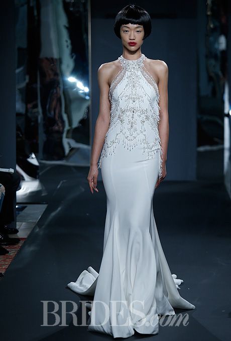 Brides.com: Fall 2014 Wedding Dress Trend: Built-In Necklaces. Style 87, chandelier crystal beaded halter sheath wedding dress with silk crepe skirt, Mark Zunino for Kleinfeld Kleinfeld Wedding Dresses, 1920 Wedding Dress, 1920s Wedding Gown, Mark Zunino, Bridal Runway, Contemporary Bridal, Crepe Skirt, Fab Dress, Sheath Wedding