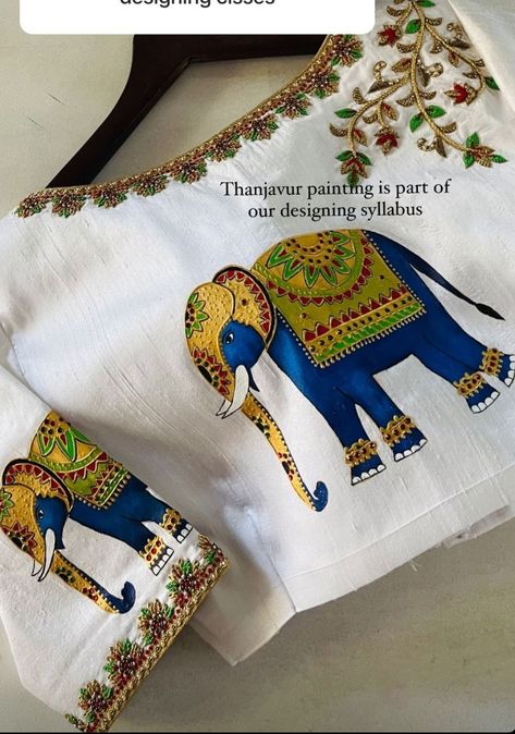 Bavaliyo Work Blouse, Paintings On Blouses, Febric Penting On Blouse, Tanjoor Painting On Blouses, Fabric Painting With Aari Work Blouse, Fabric Paint Blouse Design, Blouse Back Painting Designs, Tanjore Fabric Painting, Thanjavur Painting On Blouse