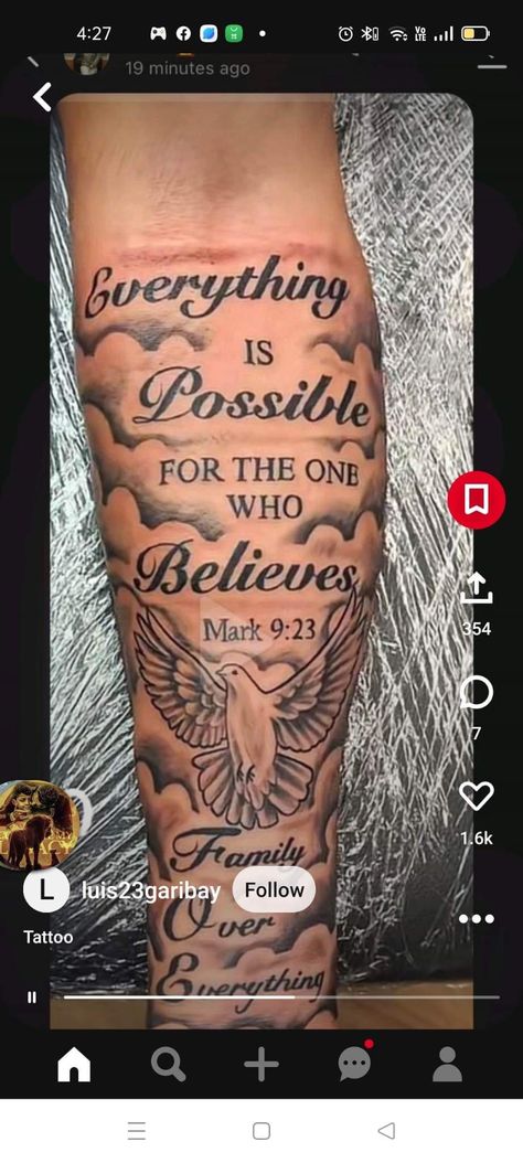 Everything Is Possible For The One Who Believes Tattoo, Half Sleeve Tattoos For Women Upper Arm Bible Verse, Bible Forearm Tattoos For Men, Bible Verse Tattoos For Men Arm Scriptures, Men’s Bible Verse Tattoos, Believe In God Tattoo, Everything Is Possible Tattoo, Believe In Yourself Tattoo Ideas, Scripture Tattoos For Men Forearm