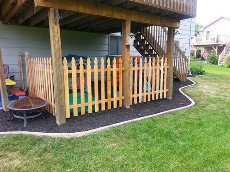 Under Deck Landscaping and Fenced Kids Play Area. Space Under Deck, Under Deck Landscaping, Under Deck Roofing, Deck Landscaping, Under Deck, Deck Fireplace, Outdoor Play Space, Build A Playhouse, Under Decks