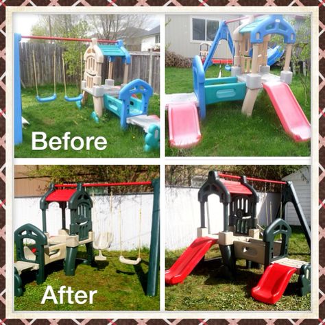 The Spectacular Attempt: Up-Cyling Little Tikes Swingset and Slide Backyard Ideas Kids, Little Tikes Makeover, Diy Outdoor Toys, Toy Makeover, Playhouse Makeover, Outdoor Toys For Toddlers, Backyard Playset, Toddler Slide, Outside Play