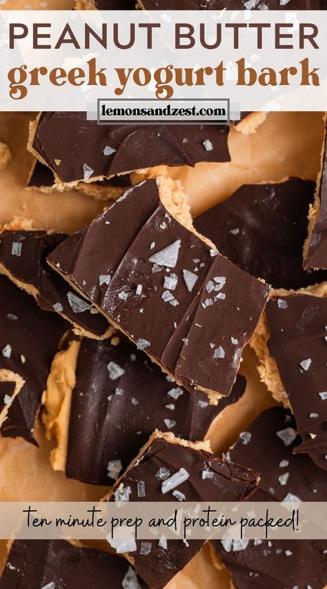 This protein packed Peanut Butter Chocolate Greek Yogurt Bark is a snack that is unlike any other! Less than 10 minutes to prep, the perfect sweet and salty treat and a great creamy cold treat to cool you off on a hot day. Protein powder added for more power in your delicious snack game! Pbfit Recipes, Greek Yogurt Bark, Yogurt Bark Recipe, Chocolate Greek Yogurt, Protein Baking, High Protein Desserts, Yogurt Bark, Healthy Protein Snacks, Protein Treats