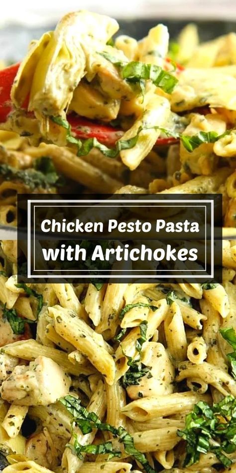 Creamy Chicken Pesto Pasta with Artichokes…an easy comfort food recipe perfect for busy weeknight dinners. You can have it on the table in 30 minutes! Creamy Artichoke Chicken, Pesto Recipes Dinner, Pasta With Artichokes, Creamy Chicken Pesto Pasta, Chicken Artichoke Pasta, Pesto Pasta Recipes Chicken, Pesto Dishes, Chicken Pesto Pasta, Creamy Pesto Chicken Pasta