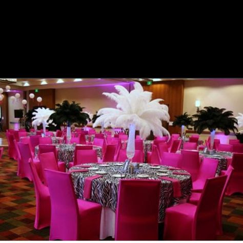 Love this without the zebra print though! Pink Dinner Table Decor, Zebra Wedding, Pink Dinner, Zebra Decor, Zebra Party, Hot Pink Zebra, Reception Backdrop, Feather Centerpieces, Hot Pink Weddings