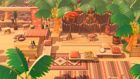 Acnh Tropical Neighborhood Designs, Acnh Tropical Shopping District, Tropical Animal Crossing Island Ideas, Acnh Tropical Campsite, Acnh Space Fillers Tropical, Acnh Tropikitch, Tropical Animal Crossing Island, Tropicore Acnh, Acnh Tropical