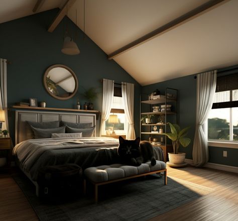 Master bedroom that includes moody Colors, has an overall modern farmhouse Style lnspired by The Harry Potter Modern Harry Potter, Male Living Space, Cozy Forest, Moody Colors, Harry Potter Bedroom, Forest Cottage, Modern Farmhouse Style, Minimalist Interior, Master Suite