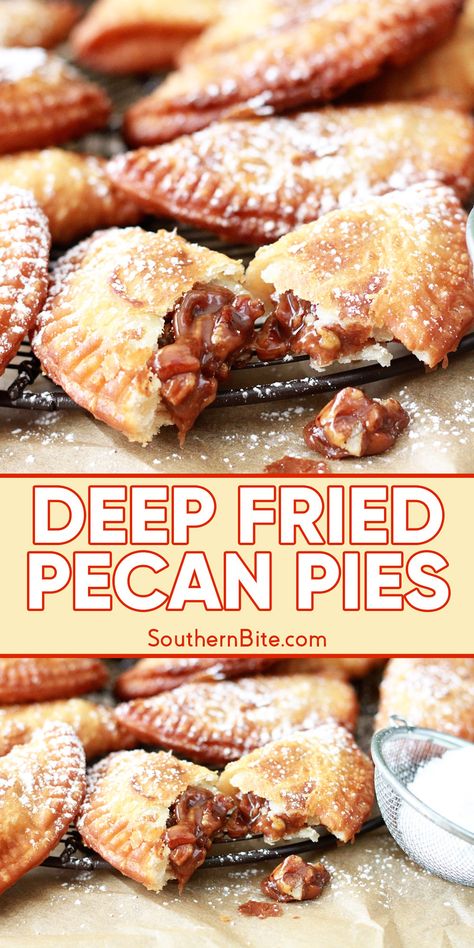 Deep Fried Pecan Pies are hand-pies that are fried to crispy perfection and filled with a decadent pecan pie mixture. Fried Pecan Pies, Fried Pies Recipe, Fried Hand Pies, Fried Desserts, Pies Dessert, Fair Recipes, Sunday Dessert, Deep Fried Recipes, Thanksgiving Meals