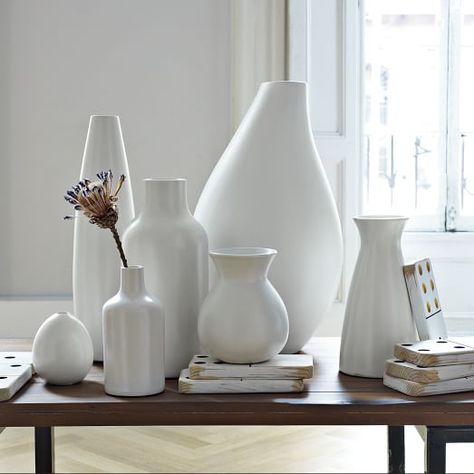 Pure White Ceramic Vases | west elm Farmhouse Side Table, Milk Glass Vase, White Ceramic Vases, Whitewash Wood, Modern Vase, Keramik Vase, White Vases, Ceramic Vases, Wood Bowls