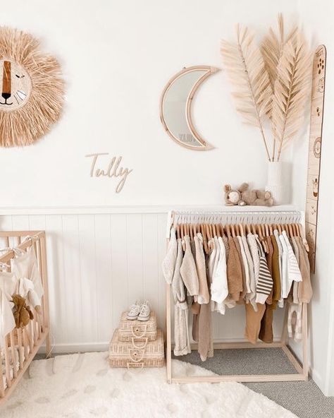 Rattan Nursery Decor, Closet Baby Room, Ikea Nursery Storage, Rattan Nursery, Wallpaper Baby Room, Neutral Nursery Rooms, Baby Room Closet, Suitcase Decor, Ikea Storage Hacks