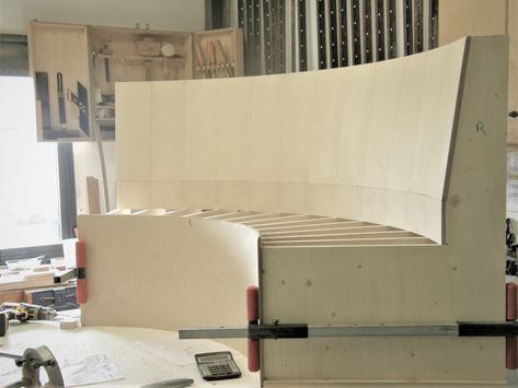 Making a bespoke curved banquette seat at David Haugh - David Haugh Curved Banquette Seating Dining Room, Diy Curved Banquette Seating, Diy Curved Bench, Modern Banquette Seating In Kitchen, Banquette Seating In Kitchen Diy, Floating Banquette Seating, Curved Bench Seating, Dining Banquette Seating, Modern Banquette Seating