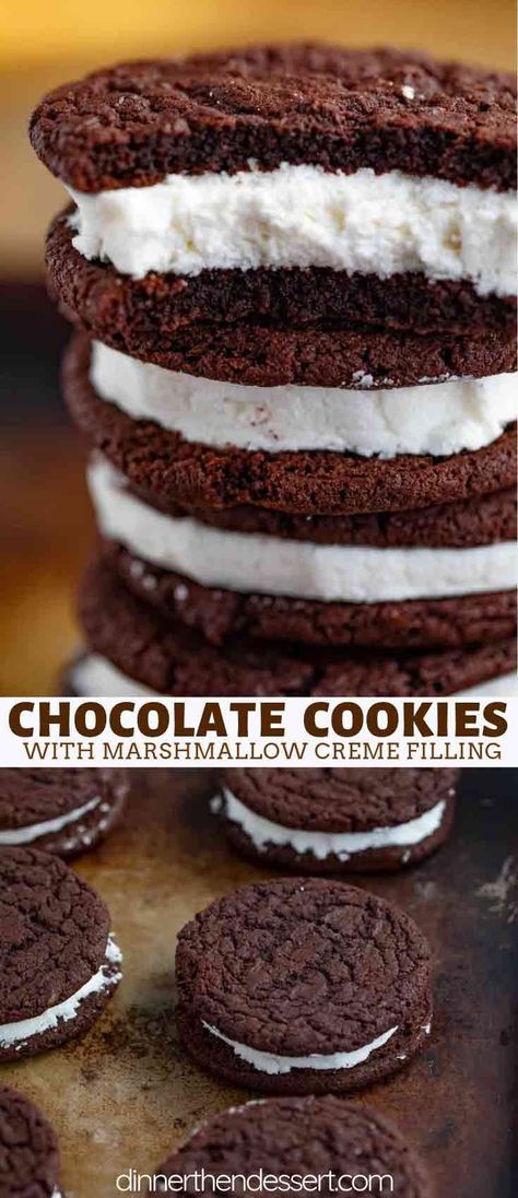 Chocolate Sandwich Cookies that are rich and chewy with a creamy marshmallow filling just like from your favorite bakery! #cookie #chocolate #sandwichcookie #dessert #baking #christmas #dinnerthendessert Cookies Marshmallow, Marshmallow Filling, Chocolate Marshmallow Cookies, Smores Dessert, Dinner Then Dessert, Cookie Sandwich, Marshmallow Cookies, Yummy Deserts, Baking Christmas