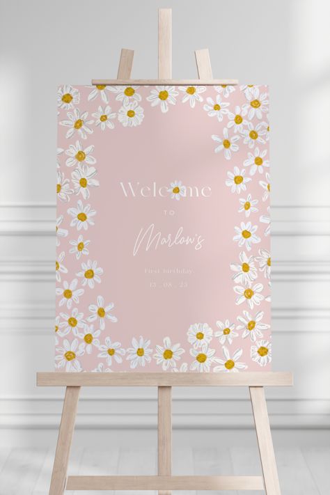 Daisy party Welcome Sign template with hand drawn floral illustration. You can easily change the wording to suit your party, designed by Paper Harts co Daisy Boho Birthday, Daisy Party, Birthday Welcome Sign, Party Welcome Sign, Hand Drawn Floral, Welcome Sign Template, Boho Birthday, Boho Party, Drawn Floral