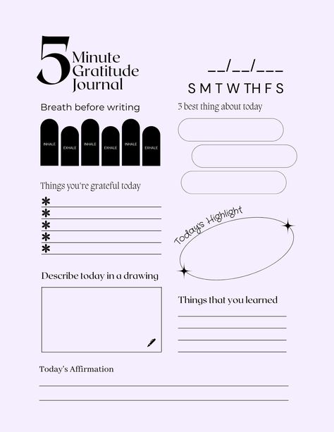 5 Minute Gratitude Journal to help you focus on mindfulness and relaxation. 5 Minute Gratitude Journal, Therapist Tools, 5 Minute Journal, Disney Silhouette Art, Therapy Questions, Gratitude Journal Printable, Disney Silhouette, Planning Template, Journal Books