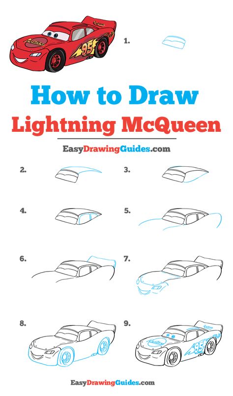 How to Draw Lightning McQueen - Really Easy Drawing Tutorial Draw Lightning Mcqueen, Mcqueen Drawing, Lightning Mcqueen Drawing, Draw Lightning, How To Draw Lightning, Car Drawing Easy, Disney Drawing Tutorial, Easy Drawing Guides, Queen Drawing